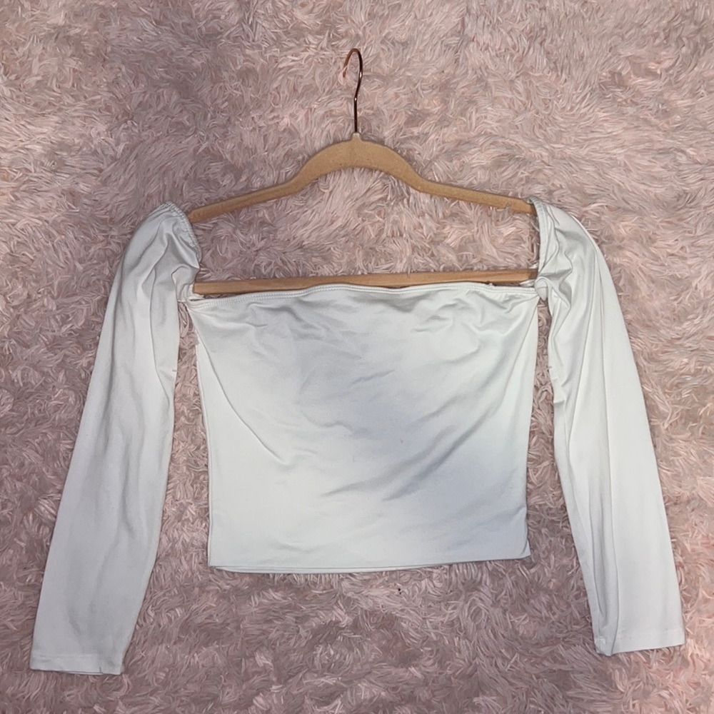 White crop top off the shoulder